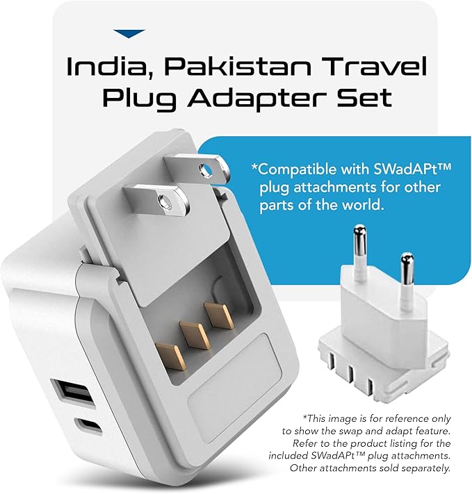 Ceptics India, Maldives Power Plug Adapter Travel Set, 20W PD & QC, Safe Dual USB & USB-C 3.1A - 2 USA Outlet - Compact - Use In Pakistan, Nepal, Bangladesh Includes Type D, Type C SWadAPt Attachments