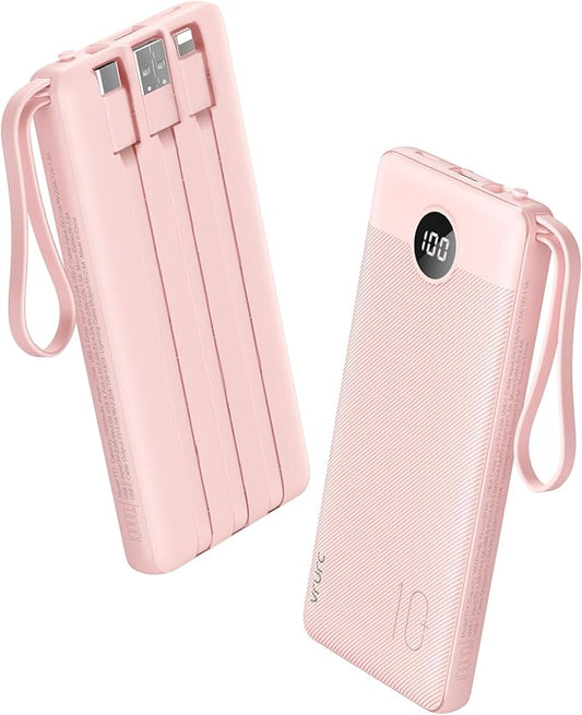 VRURC Portable Charger, 22.5W Power Bank 10000mAh, USB-C Cable in & Out Fast Charging Battery Pack, Compact Travel Essential 4 Outputs 3 Inputs for iPhone 16 15 14 13,Samsung, Android etc-Pink