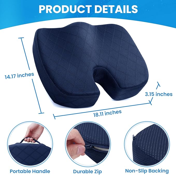 TushGuard Seat Cushion - Memory Foam Cushion for Office Chair, Car Seat, Airplane, Bleacher - Sciatica & Coccyx Pain Relief Desk Chair Cushion for Long Sitting Office Workers, Car Drivers(Blue)