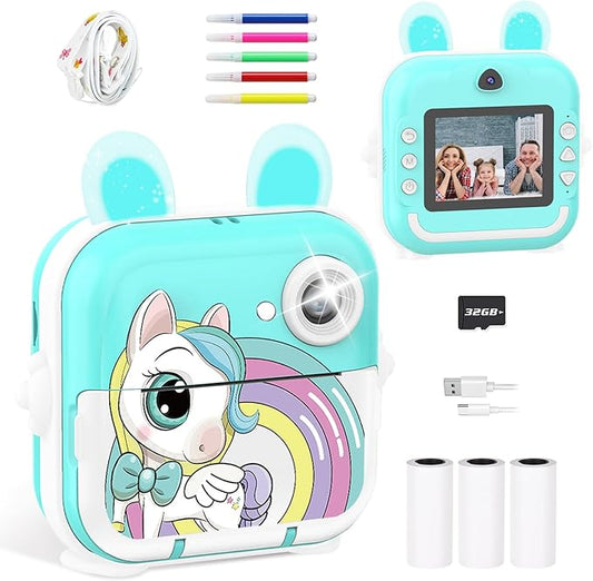 Kids Camera Instant Print Girls Boys, 2,4" HD 1080P, 32GB Card, with Photo Paper and Colored Pens, Instant Camera Holiday Birthday Gifts, Printable Toddler Portable Travel Print Toy (Blue)