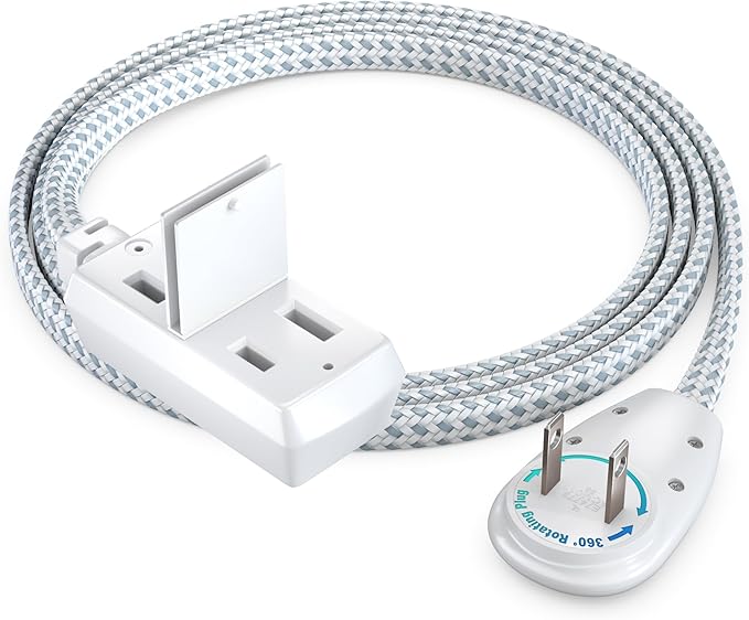 Maximm 3 Ft Extension Cord, 2 Prong, 360° Rotating Flat Plug, UL Certified, Gray – Space-Saving Indoor Power Cord for Tight Spaces, Polarized, Braided