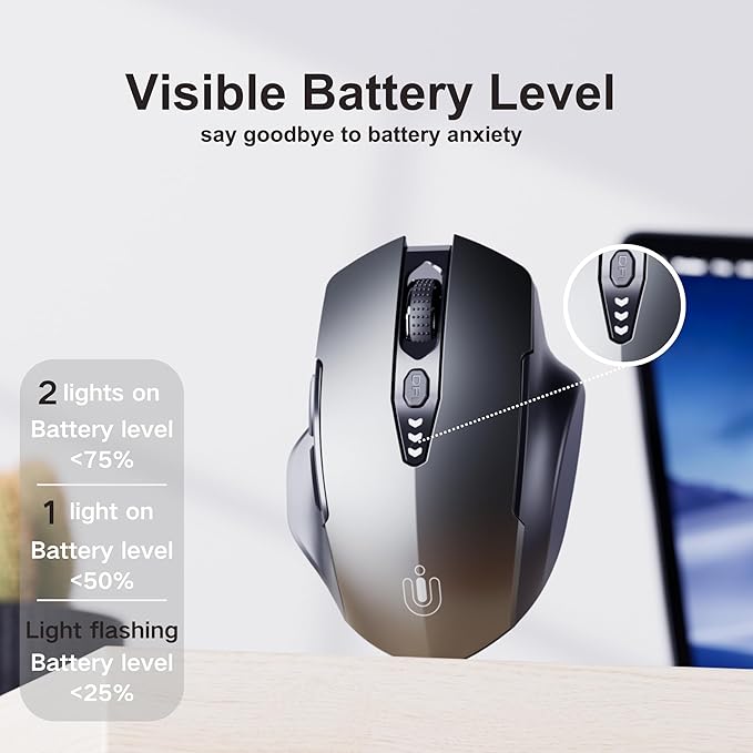 Wireless Mouse,[Upgraded] Rechargeable 2.4GHz (Battery Level Visible) Ergonomic Computer Mouse,4 Levels DPI, Wireless Mice for Laptop PC Computer(Grey)