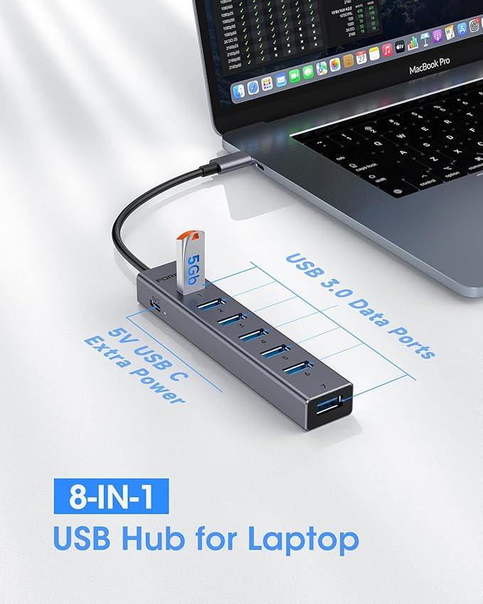 FORIDA USB C to USB Hub, 8 Ports USB 3.0 Adapter with 7 USB 3.0 Data Ports,USB Splitter with USB C 5V/3A Power Port, 9.8N/25CM Main Cable for Laptop PC and More (Dark Gray, 9.8 in)