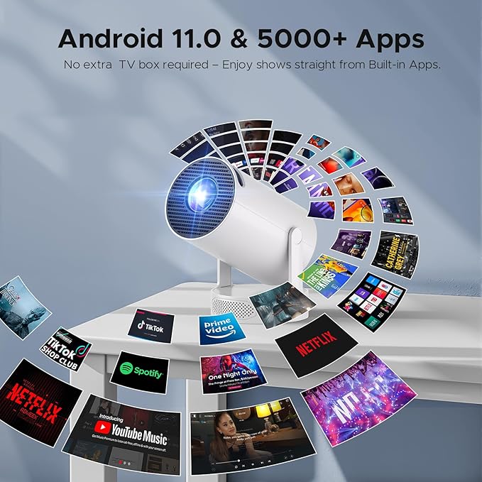 Mini Projector with WiFi and Bluetooth, 4K Support Portable Projector with 5w Soundbase Speaker, 300 ANSI, 220° Rotation , Android 11, Auto Keystone Video Projector, Compatible with HDMI, USB, Phone