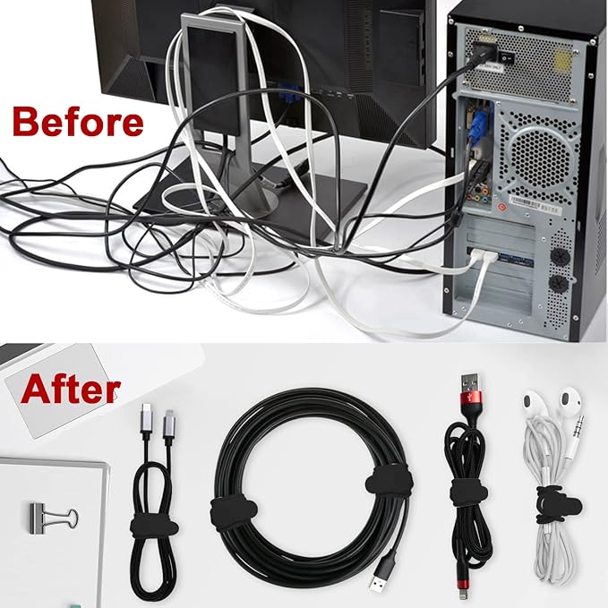 Nearockle 16Pcs Silicone Cable Straps Wire Organizer for Bundling Earphone, Phone Charger, Computer Cords, Reusable Cable Ties Cord Organizer in Home,Office,Kitchen,School(Black)