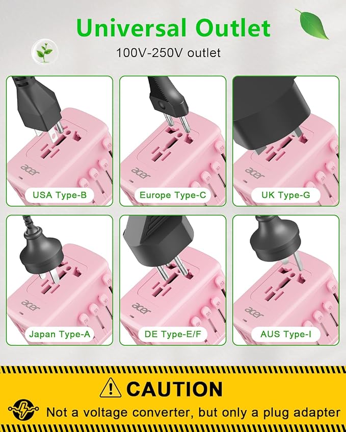 Acer Universal Travel Plug Adapter - International Power Adapter with 5 USB Ports (3 USB C) 5.8A, Worldwide Outlet Charger for USA to European UK France Germany Spain, Type C/E/F/G/I/L/A,Pink