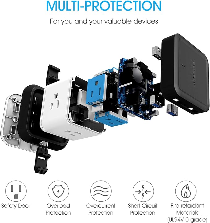 BESTEK Vertical Cube Power Strip with Mountable Detachable Base 5' Extension Cord (MRJ3006-BK)