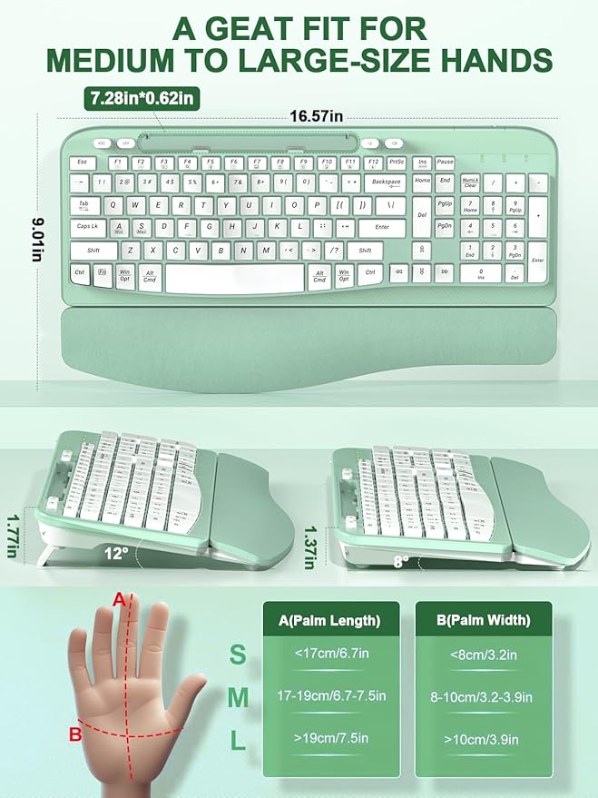 Ergonomic Wireless Keyboard with Cushioned Wrist Rest, Wave Keys, Phone Holder, Comfortable Natural Typing, 2.4GHz Full Size Cordless USB Computer Keyboard for Laptop, Mac, Windows (Mint Green)