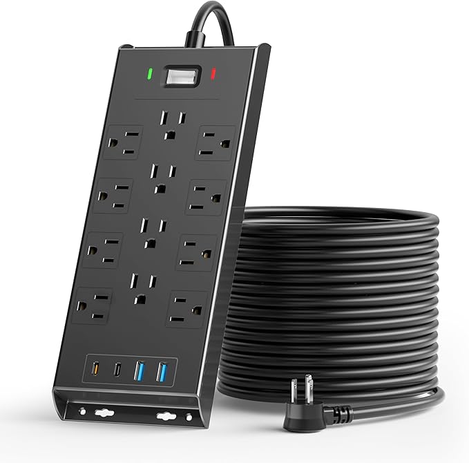 4800J Surge Protector Power Strip, LeZone 10Ft Extension Cord Flat Plug, 12 Outlets 2 USB C 2 USB Ports, Wall Mountable, PD20W Desk Charging Station, Black