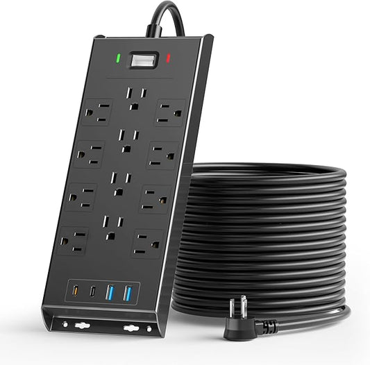 4800J Surge Protector Power Strip, LeZone 10Ft Extension Cord Flat Plug, 12 Outlets 2 USB C 2 USB Ports, Wall Mountable, PD20W Desk Charging Station, Black
