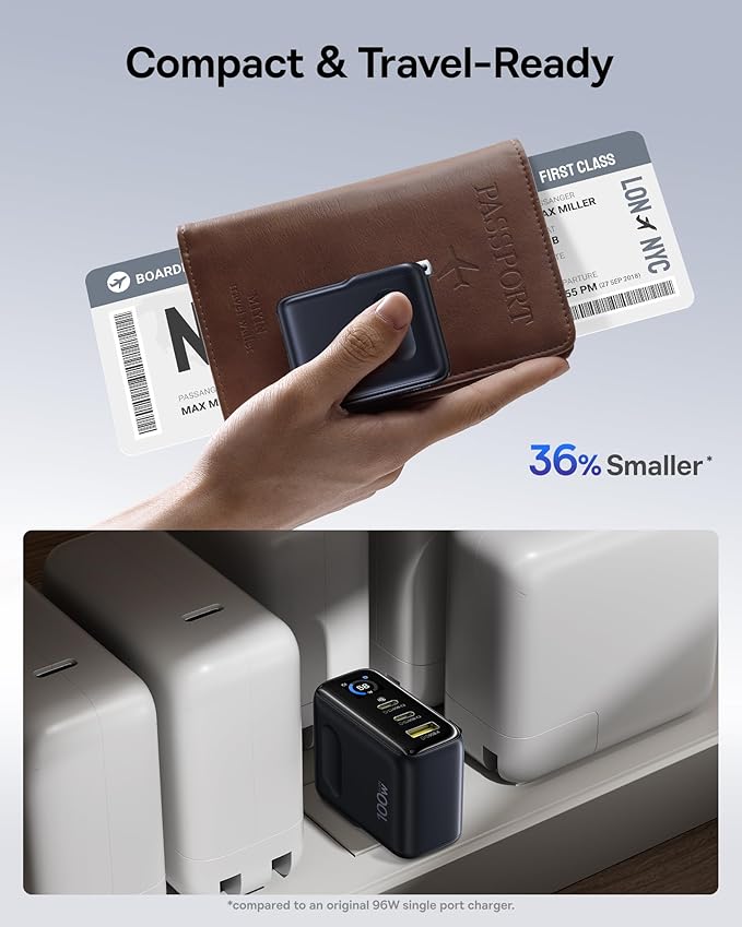 Baseus Picogo 100W USB C Charger, 3-Port Multi-Device Fast Charging Laptop Charger with Smart Display & Touch Control, GaN Power Adapter for MacBook Pro, iPhone 17/16, Pixel, Steam Deck, ROG Ally