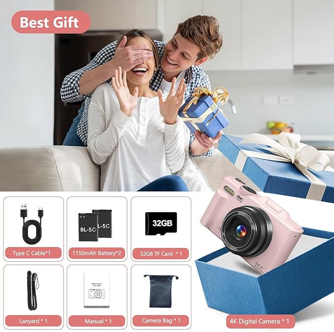 Digital Camera for Photography, 4K Vlogging Camera for YouTube 3" 180° Flip Screen 18X Digital Zoom Compact Cameras with 32GB TF Card & 2 Batteries, Pink