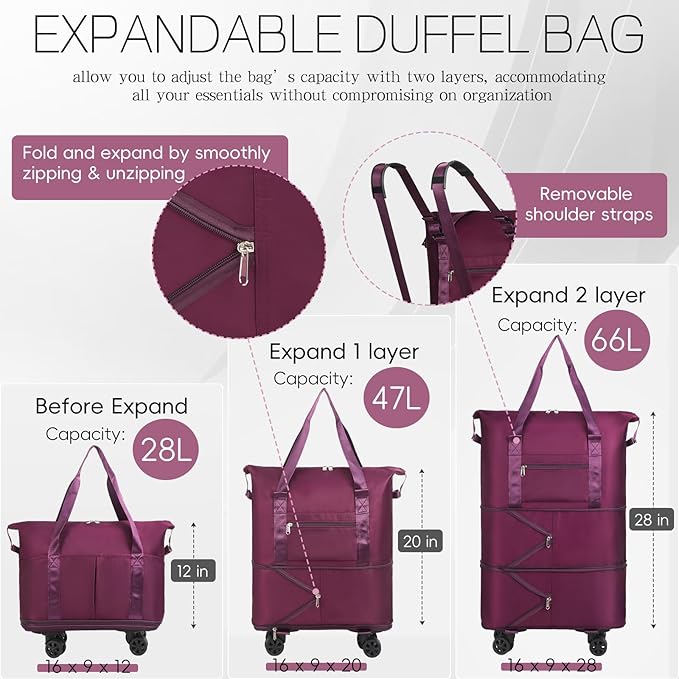 VOOWO Duffel Bag with Wheels - Rolling Foldable Expandable Duffle Bag with Wheel for Travel, Rolling Luggage Bag Carry On Travel Bag with Wheels, Large Wheeled Overnight Weekender Bags (Deep Purple)