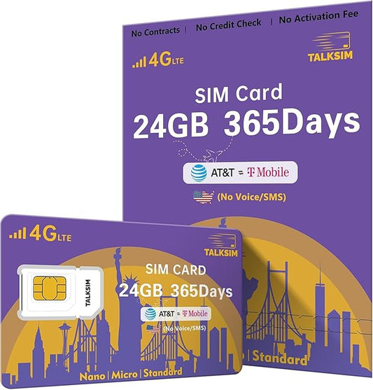 Data SIM Card 24GB for 365Days Support AT&T, T-Mobile, 4G LTE USA SIM Compatible with Unlocked Security Camera/Router/Mobile WiFi Hotspot/Tablet/Hunting Trail Camera iot Devices