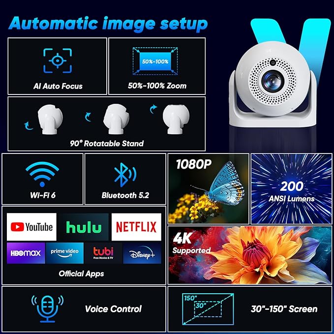 Mini Projector with WiFi and Bluetooth Auto Focus & Vertical Keystone Smart Portable Projector Android 13 with Built in Apps 1080P HD 4K Support w/ HDMI/USB Supported Home Movie Projector (White)
