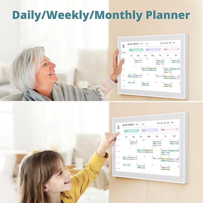 Digital Calendar 21.5 Inch Touch Screen, Electronic Wall Calendar Chore Chart for Family Monthly/Weekly Planner, Interactive Display Smart Calendar for Home Organization, Desk Mount Included - White