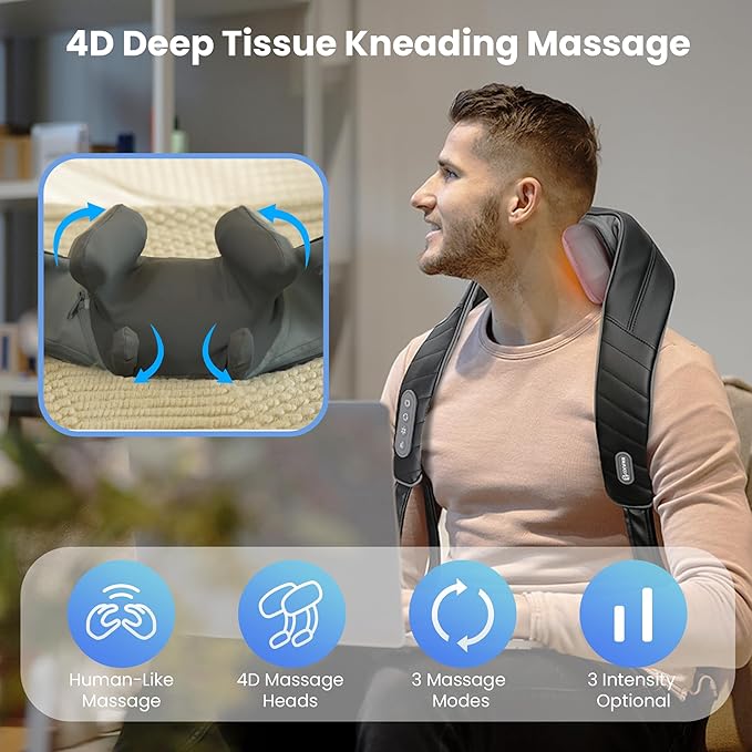 COMFIER Cordless Neck Shoulder Massager with Heat, Shiatsu Neck Back Massage for Pain Deep Tissue, 4D Kneading, Gifts for Dad Mom