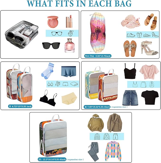 Compression Packing Cubes for Travel, 7 Set National Park Expandable Mesh Luggage Organizers, Waterproof Expandable/Compression Bags Travel Packing Cubes with Clear Toiletry Bag