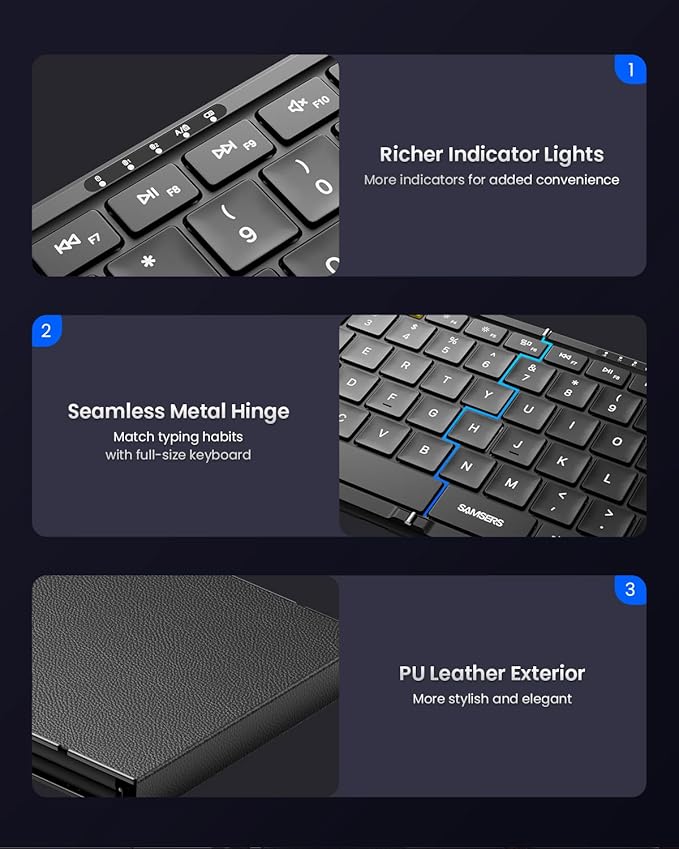 Foldable Keyboard and Mouse, Samsers KM08 Folding Bluetooth Keyboard Mouse Combo, 2.4G + BT5.0 x 2, Full-Size Portable Travel Keyboard & Rechargeable Wireless Mouse for iOS Android Windows Mac OS