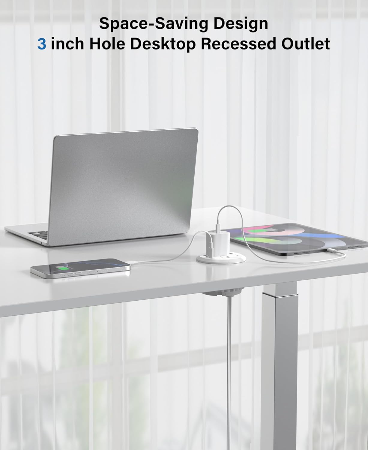 3 inch Desktop Power Grommet with PD 20W USB C,Furniture Recessed Power Strip,2 Outlets,4 USB Ports,40W Total,Flush-Mount for Desktop, Workspace Essential Desk Outlet (White, 3 FT Cable)