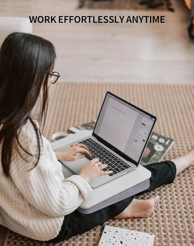 Lap Desk with Pillow Cushion, Portable Laptop Bed Desk, Fits up to 15.6 inch Laptop, Lap Stand for Bed & Couch & Carpet, Book Tablet/Drawing Board - White