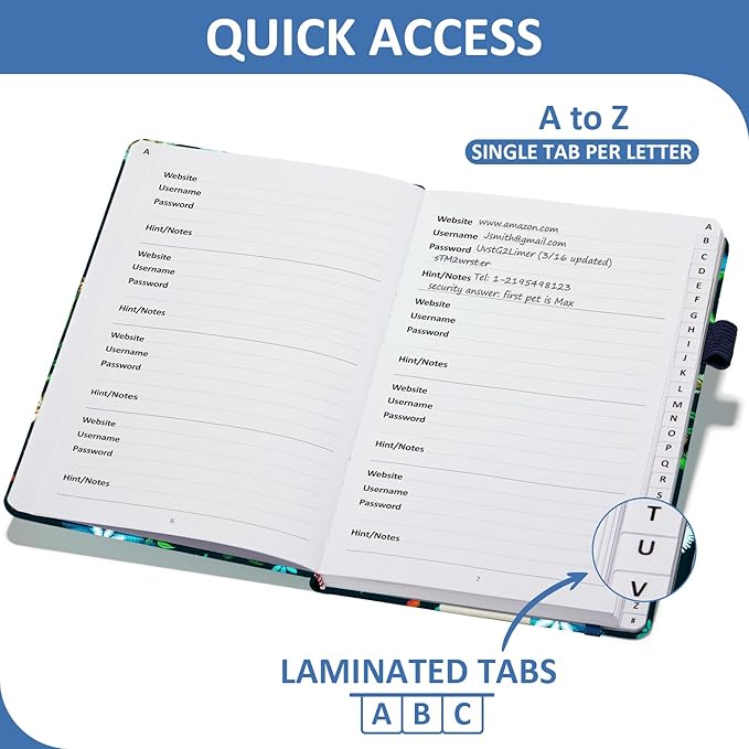 Password Book with Individual Alphabetical Tabs Laminated, Large Print Password Keeper Book for Seniors, A5 Hardcover Internet Password Log Book to Record Website Login Details - Bloom