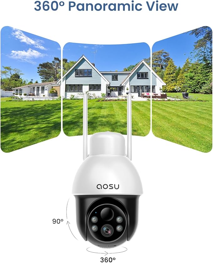 AOSU Solar Security Camera Wireless Outdoor with Panoramic PTZ, Human Auto Tracking, 2K Night Vision, Light and Sound Alarm, 2-Way Audio, Compatible with Alexa/Google Assistant