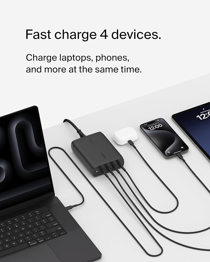 Belkin 4-Port USB C Charger Block, 200W GaN Multi-Port Charger USB-C PD 3.1 Fast Charge + 5ft Power Cord - MacBook, iPhone 17, Air, iPad, Galaxy S25, Google Pixel 10, Nintendo Switch 2 - Black