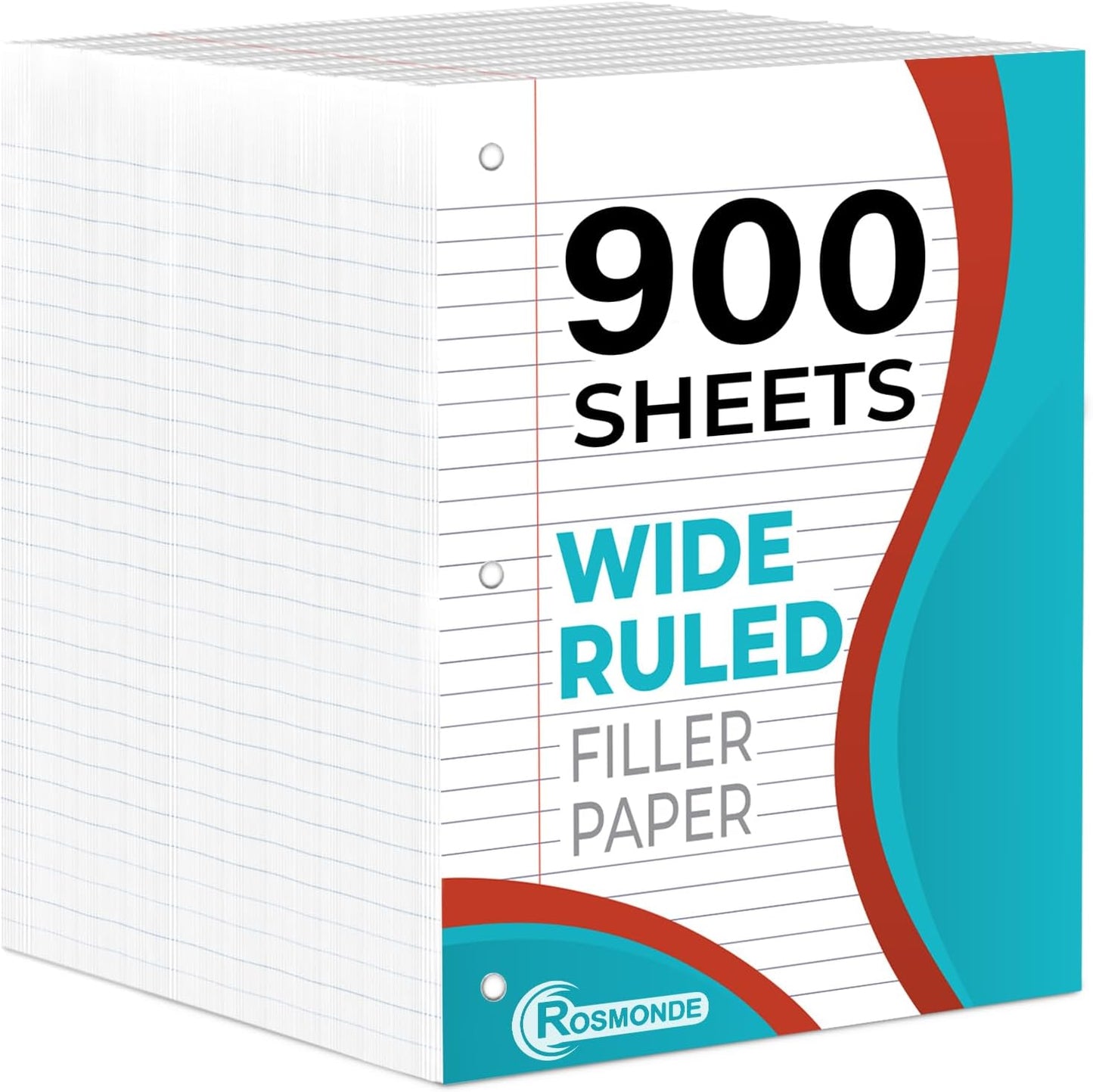 6 Pack Loose Leaf Paper, 900 Sheets, Wide Ruled Paper, 8" x 10.5", Bulk Notebook Paper, 150 Sheets/Pack, Fits Standard 3 Ring Binders, Wide Ruled Filler Paper for School, White Notebook Paper