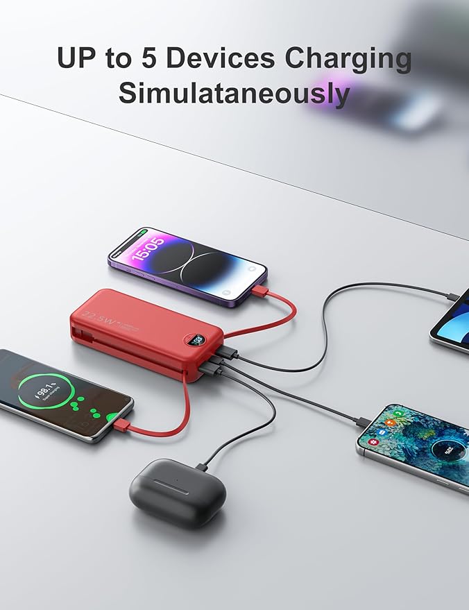 20000mAh Ultra-Portable-Charger-Power-Bank with Built in Cables&AC Wall Plug,PD20W USB-C Fast Charging Cell Phone Charger Battery Pack,LED Display Travel Battery Bank for All iPhone,Samsung,Android