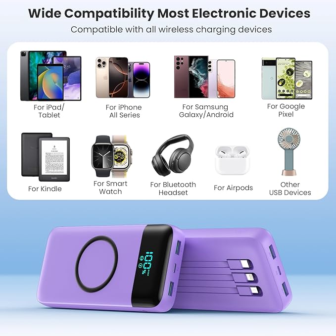 Wireless Portable Charger 40800mAh for iPhone with 3 Built-in Cables,7-in-1 15W Wireless Charging USB C Power Bank,LCD Display 25W PD QC 4.0 Fast Charging Battery Pack for iPhone 16/15/14/13 -Purple