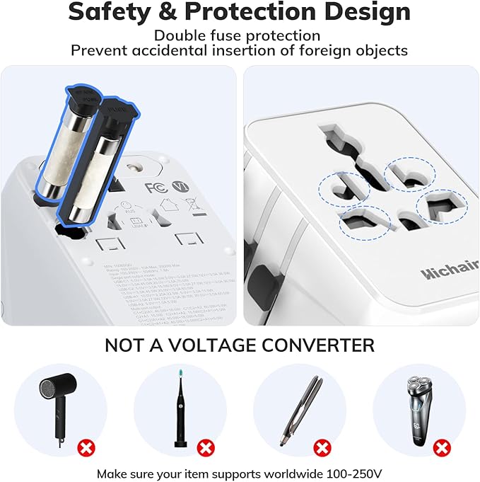 Hichain 35W 7-in-1 Universal Travel Adapter, Adapter for Europe Plug Fast Charging Universal Power Adapter Block, GaN Travel Adapter Worldwide Portable International Travel Plug Compact Size