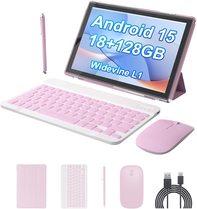 Android 15.0 10Inches Tablet, 18GB RAM+128GB ROM+2TB Expandable, Tab Set with Keyboard/Case/Mouse/Stylus, 2.0GHz Quad-core Processor, 1280 * 800 IPS HDScreen, 5G WiFi6 BT 5.0 (Pink)