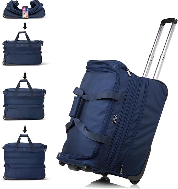 Hanke Large Expandable checked Luggage Suitcases with Wheels Foldable Duffle Bag for Travel suitcase for Women Men Garment Bag（Blue）