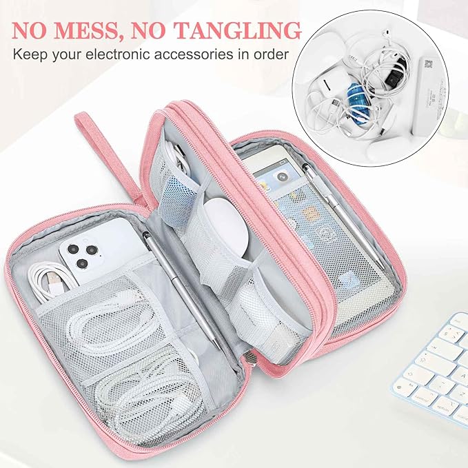 FYY Electronic Organizer, Large Travel Cable Organizer Bag Pouch Electronic Accessories Carry Case Portable Waterproof Double Layers All-in-One Storage Bag for Cable, Cord, Charger, Phone, Pink