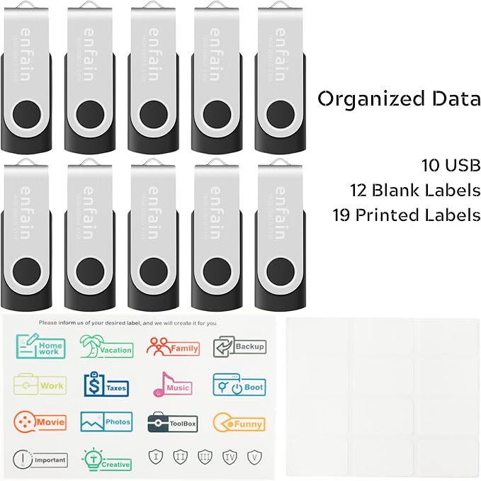 Enfain 2GB USB 2.0 Black Flash Drives Bulk 10 Pack Small Capacity Thumb Drives Swivel Zip Drive Jump Drive Memory Sticks, with 12 White Labels for Marking