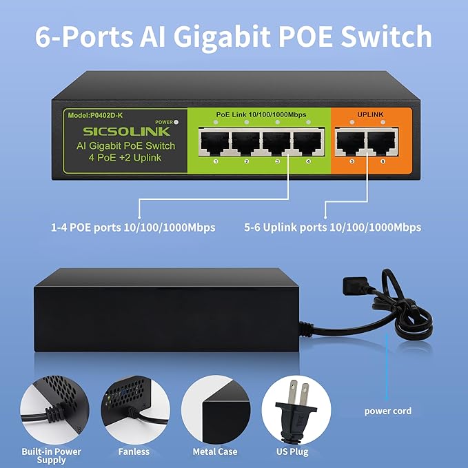Gigabit 6 Ports PoE+ Switch (4 PoE+ Ports, 2 Uplink), 802.3af/at, 65W Total Power, 1000Mbps, Unmanaged, Fanless, Metal Case, Suitable for IP Cameras & Networking Devices