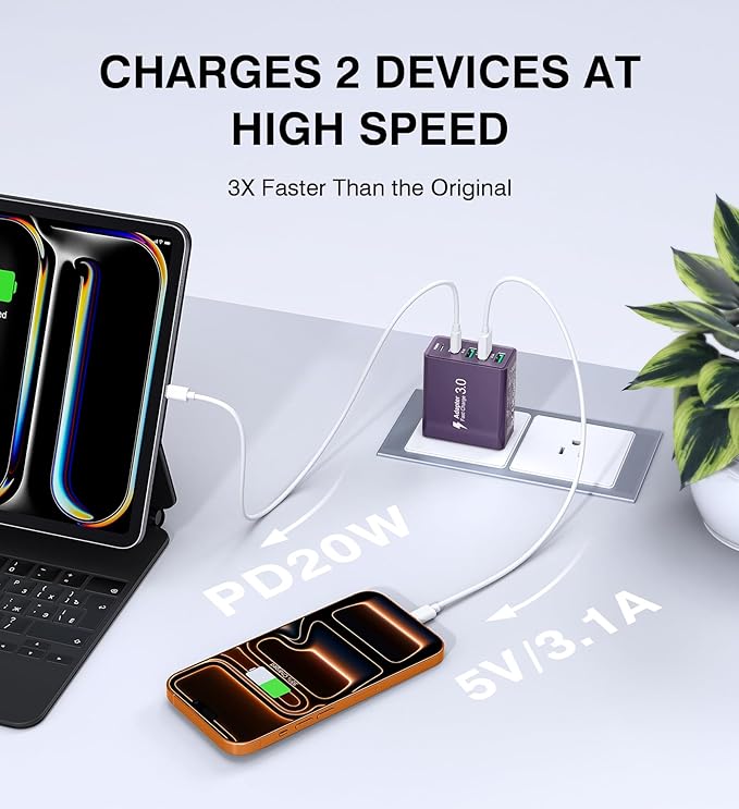 [2-Pack] USB C Wall Charger, 50W Charger Block 5-Port PD Fast Charging Blocks,Multiport 2USB C+3USB A Plug,Type C Power Adapter Brick Cube for iPhone 17/16/15/14/13/Pro,Samsung,for Switch（Purple）