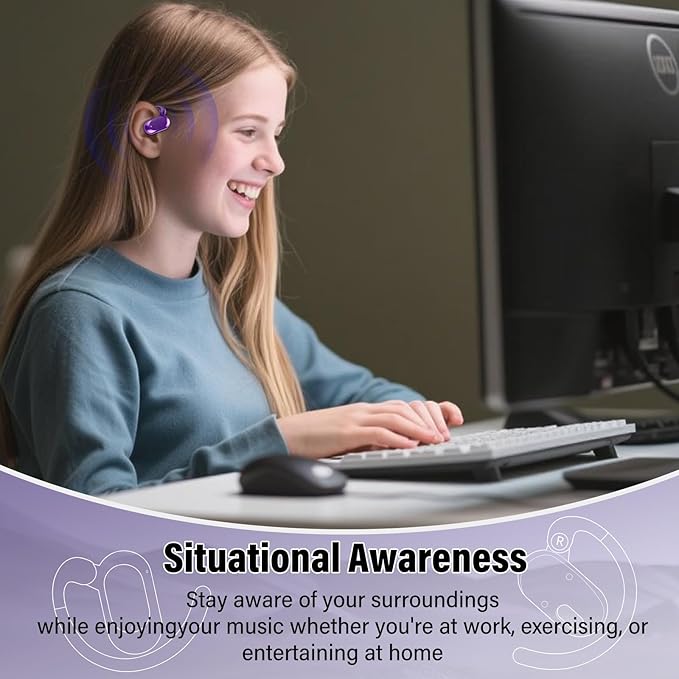 Open Ear Headphones, Bluetooth 5.4 Earphones 36H Playtime Air Conduction Headphones with Mic, Adjustable Earhook Earbuds with ENC Clear Calls/LED Display, IPX7 Open Ear Earbuds, Dark Purple