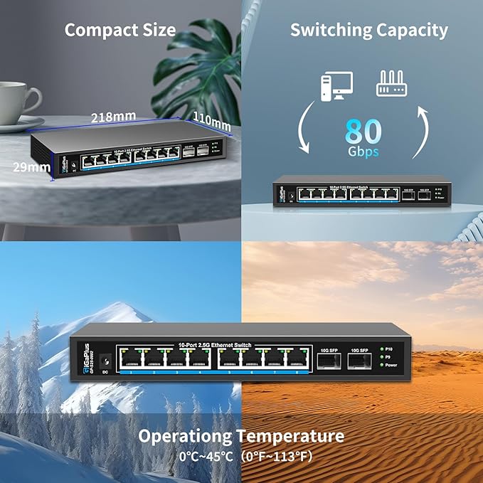 10 Port 2.5Gb Unmanaged Ethernet Switch with 8* 2.5G Base-T Ports, 2* 10G SFP+ Ports. GiGaPlus 2.5Gbps Network Switch for 2.5Gbps NAS/PC, WiFi6 Router, Wireless AP. Fanless Design, Plug and Play