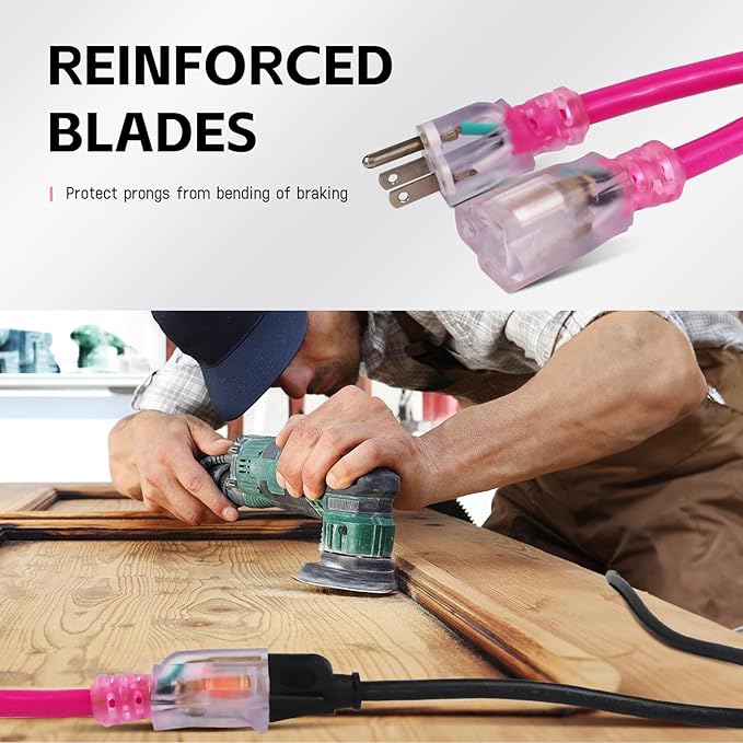 EP 15 Ft Outdoor Extension Cord, 12/3 SJTW Heavy Duty Waterproof Power Cable, 3 Prong Grounded Plug, Lighted End, for Lawn, Garden, Appliances, Pink