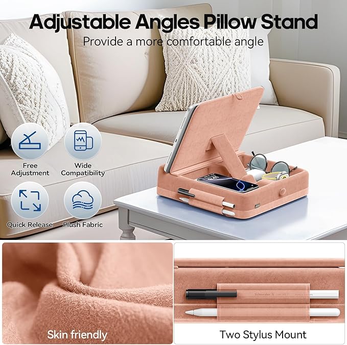 KDD Tablet Pillow Stand with Storage, Foldable iPad Holder for Bed, Lap and Desk, Angle Adjustable Soft Pad Dock with Stylus Mount Compatible with iPad Pro 12.9, 10.5, 11, Air, Mini, Phones, Books