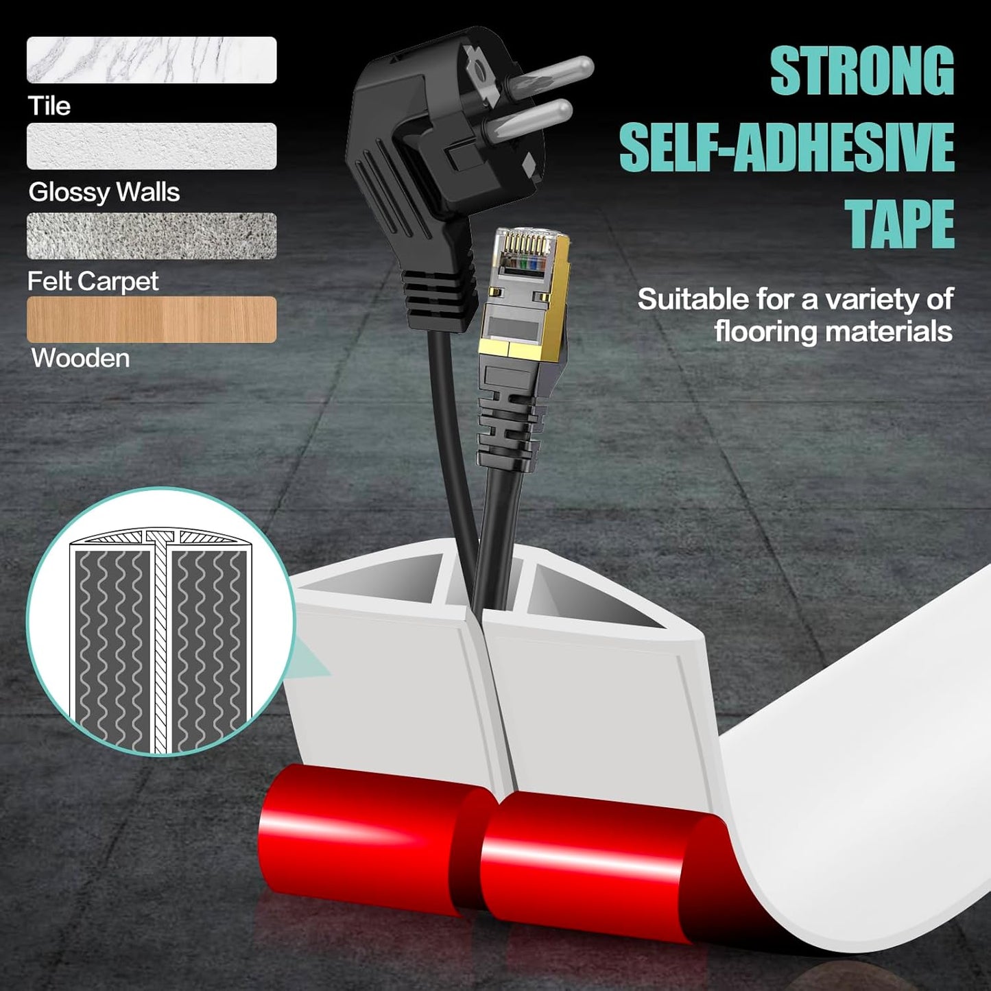 Floor Cord Cover Self Adhesive Cord Hider,3.3FT Cable Management, Extension Strip Protector for Wires, Prevent Cable Trips for Offices, Gyms, Exhibitions Cavity:0.47"(W) x 0.35"(H) White