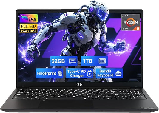 NIMO 15.6" IPS FHD-Gaming-Laptop, AMD Ryzen 5 6600H 6 Cores 32GB DDR5 RAM 1TB SSD (Beat i7-1165G7, Up to 4.5GHz) Radeon 660M GPU-Computer with 100W Type-C Backlit Keyboard Fingerprint Win 11