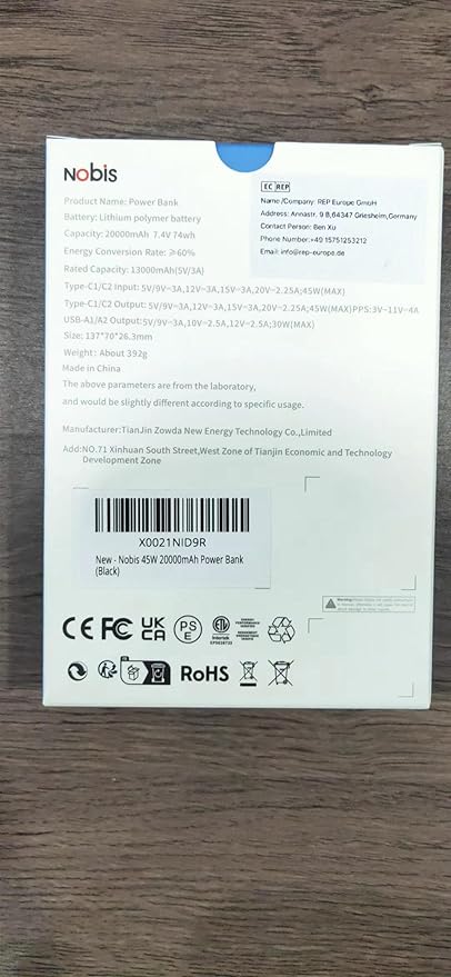 NOBIS Portable Charger, 20000mAh Power Bank, 45W Power Bank Fast Charging, Battery Pack with C to C Cable, Battery Bank with Digital Display for iPhone Android Laptop etc(Black)