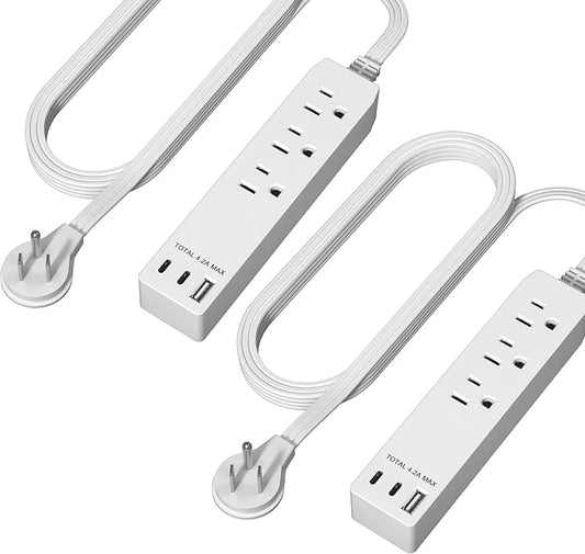 LIDER Outlet Extender with 3 Receptacles, USB Type-A, and 2 USB Type-C Port, Ultra-Thin Flat-Plug with Cord Extender, 3-Outlet Power Strip, Slim Angled Design, 5ft Cord, UL-Listed, White, 2 Pack