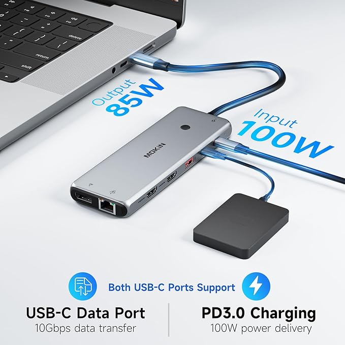 USB C Docking Station 3 Monitors USB C Hub Laptop Dual Monitor Multiport Adapter Dock Dongle,USB C to 2 HDMI,DisplayPort,PD Charging,Ethernet,7 USB C/A 3.1/3.0/2.0 Ports,Audio for Dell/HP/Lenovo