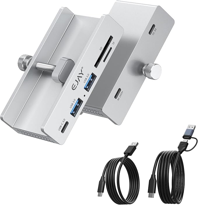 EJAY 5Ports USB3.0 HUB Alu Splitter Desktop Docking with TF&SD Card Reader for Desk/Monitors Clipping with Extra Power Supply Port,59inches Data & 39inches Power Cable-5Gbps (JK-2A1CTS-SV)