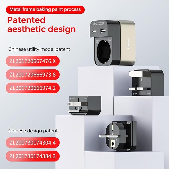 Universal Travel Adapter, 2500W Power Rating, International Plug Set, Dual Type-C Fast Charging Ports