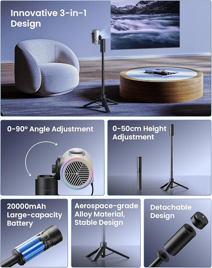 JMGO PicoPlay 1080P Smart Portable Projector with Portable Power Bank Tripod